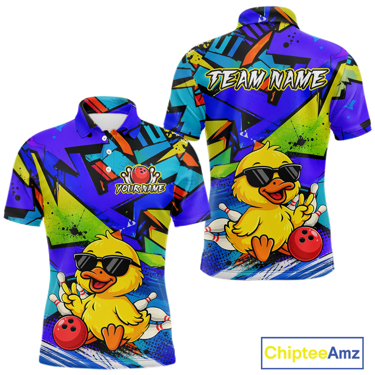 Front and back views of a vibrant blue bowling polo featuring a cartoon duck in sunglasses, bowling pins, a red bowling ball, and personalized name and team name text.