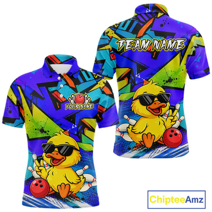 Front and back views of a vibrant blue bowling polo featuring a cartoon duck in sunglasses, bowling pins, a red bowling ball, and personalized name and team name text.