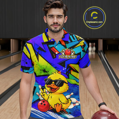 Men wearing a vibrant blue bowling polo featuring a cartoon duck in sunglasses, bowling pins, a red bowling ball, and personalized name and team name text.