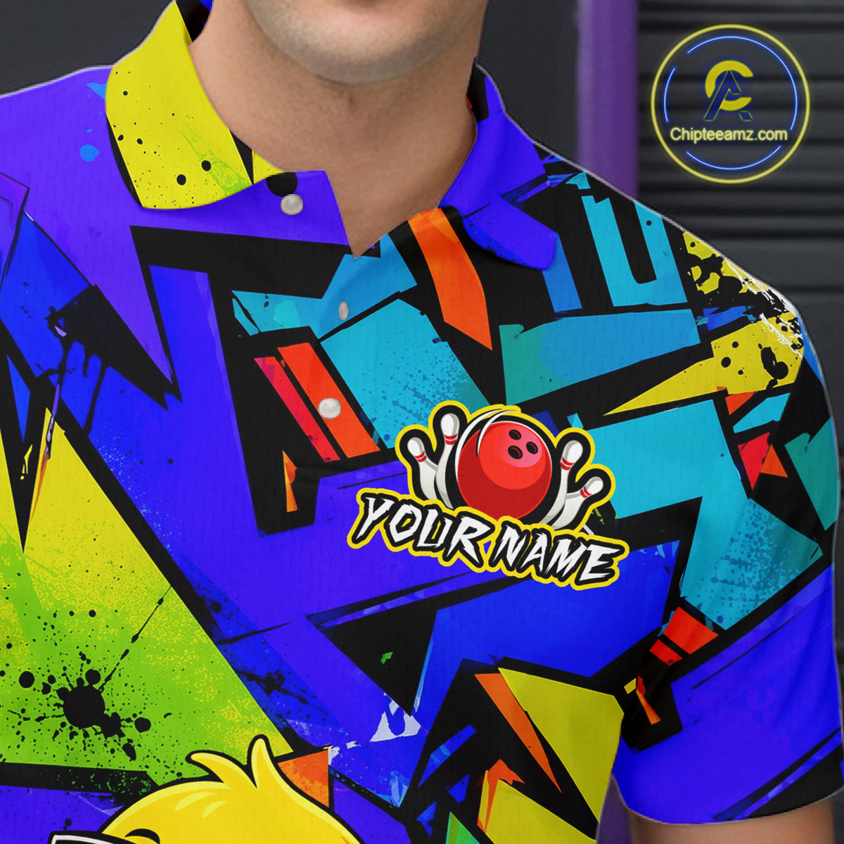 Men wearing a vibrant blue bowling quarter zip featuring a cartoon duck in sunglasses, bowling pins, a red bowling ball, and personalized name and team name text.