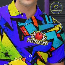 Load image into Gallery viewer, Men wearing a vibrant blue bowling quarter zip featuring a cartoon duck in sunglasses, bowling pins, a red bowling ball, and personalized name and team name text.