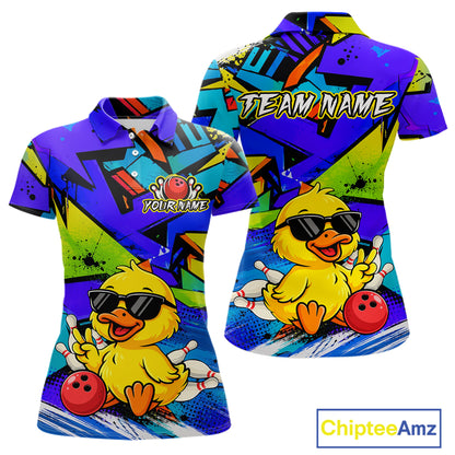 Colorful polo shirts with a cartoon duck design and customizable text on a white background.