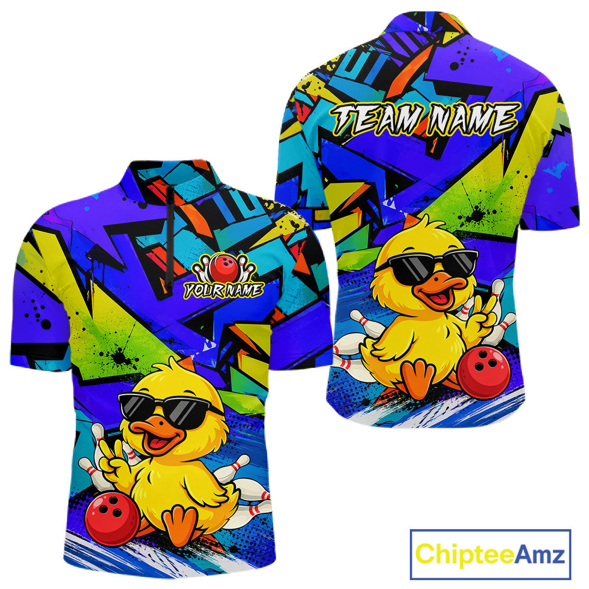 Front and back views of a vibrant blue bowling quarter zip featuring a cartoon duck in sunglasses, bowling pins, a red bowling ball, and personalized name and team name text.