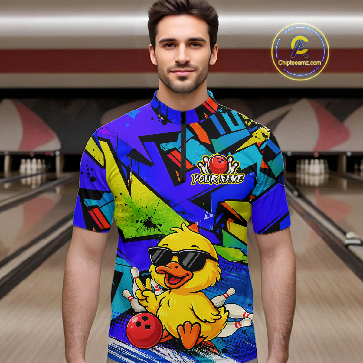 Men wearing a vibrant blue bowling quarter zip featuring a cartoon duck in sunglasses, bowling pins, a red bowling ball, and personalized name and team name text.