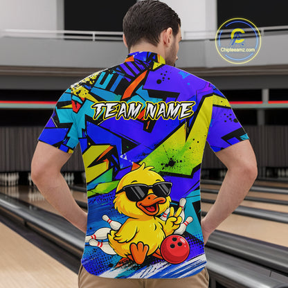 Men wearing a vibrant blue bowling quarter zip featuring a cartoon duck in sunglasses, bowling pins, a red bowling ball, and personalized name and team name text.