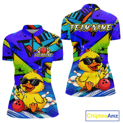 Colorful bowling shirt with a duck design and 'Team Name' text on a white background.