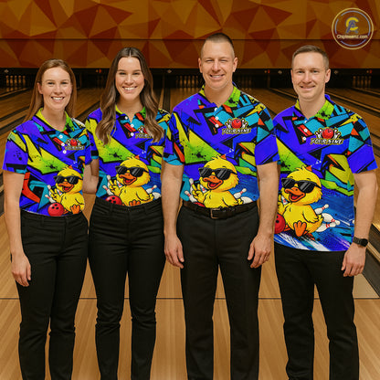 Four people wearing colorful bowling shirts with cartoon characters in a bowling alley.