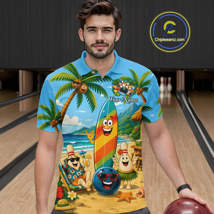 Man wearing a colorful bowling shirt with cartoon characters on a bowling alley.