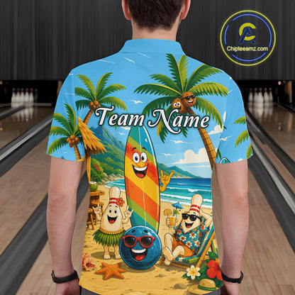 Person wearing a colorful shirt with beach-themed graphics and 'Team Name' text in a bowling alley.