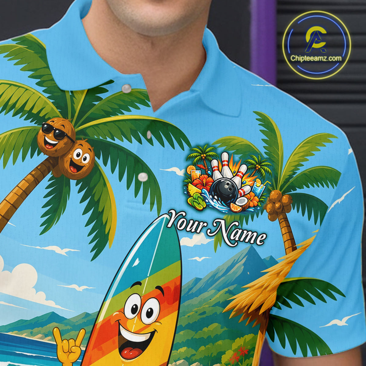 Colorful polo shirt with tropical design and bowling elements, featuring a palm tree, coconut, and mountains.