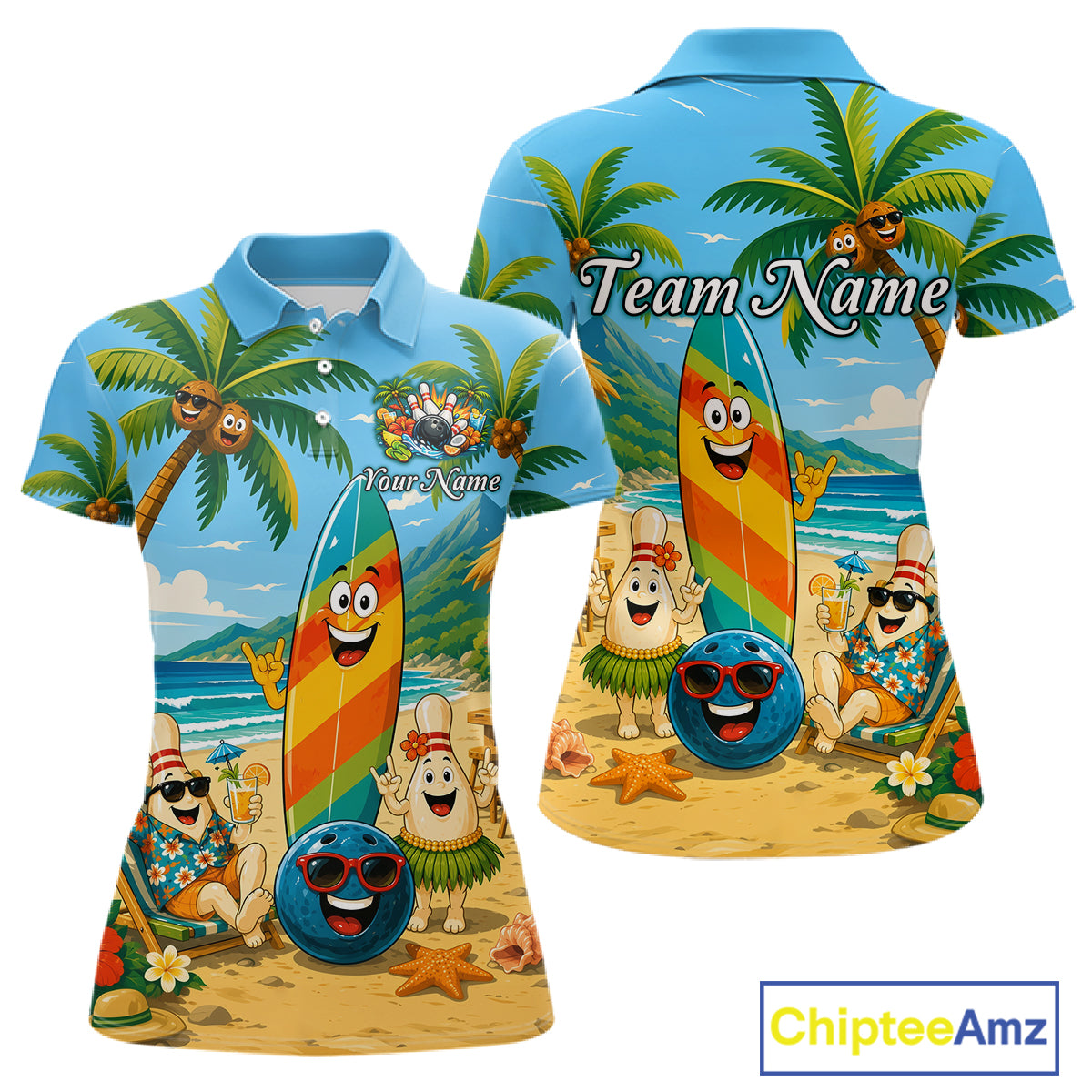 Front and back views of a sky blue bowling polo with a tropical beach scene, smiling bowling ball and pins, colorful surfboard, palm trees, and personalized name and team name text.