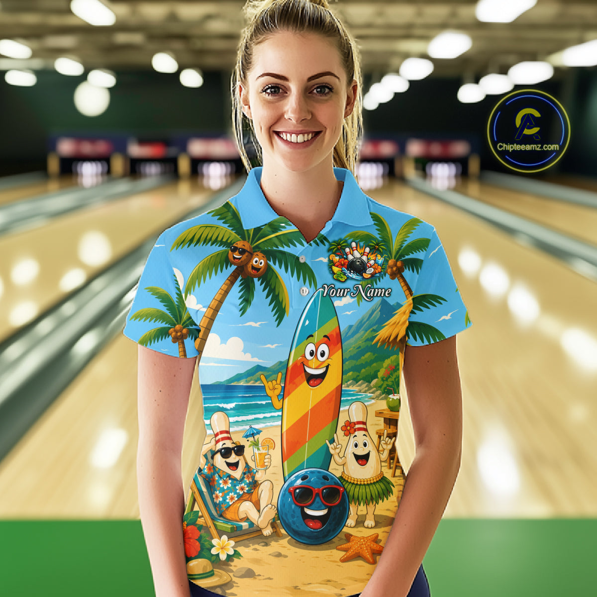 People wearing sky blue bowling polo with a tropical beach scene, smiling bowling ball and pins, colorful surfboard, palm trees, and personalized name 