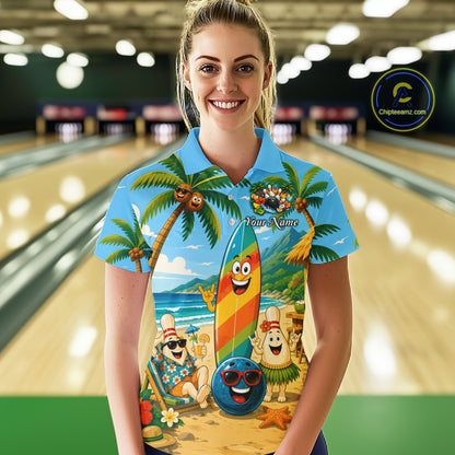 People wearing sky blue bowling polo with a tropical beach scene, smiling bowling ball and pins, colorful surfboard, palm trees, and personalized name 
