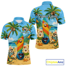 Load image into Gallery viewer, Front and back views of a sky blue bowling polo with a tropical beach scene, smiling bowling ball and pins, colorful surfboard, palm trees, and personalized name and team name text.