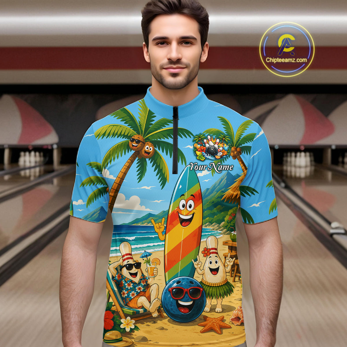 Man wearing a colorful bowling shirt with beach-themed design in a bowling alley.