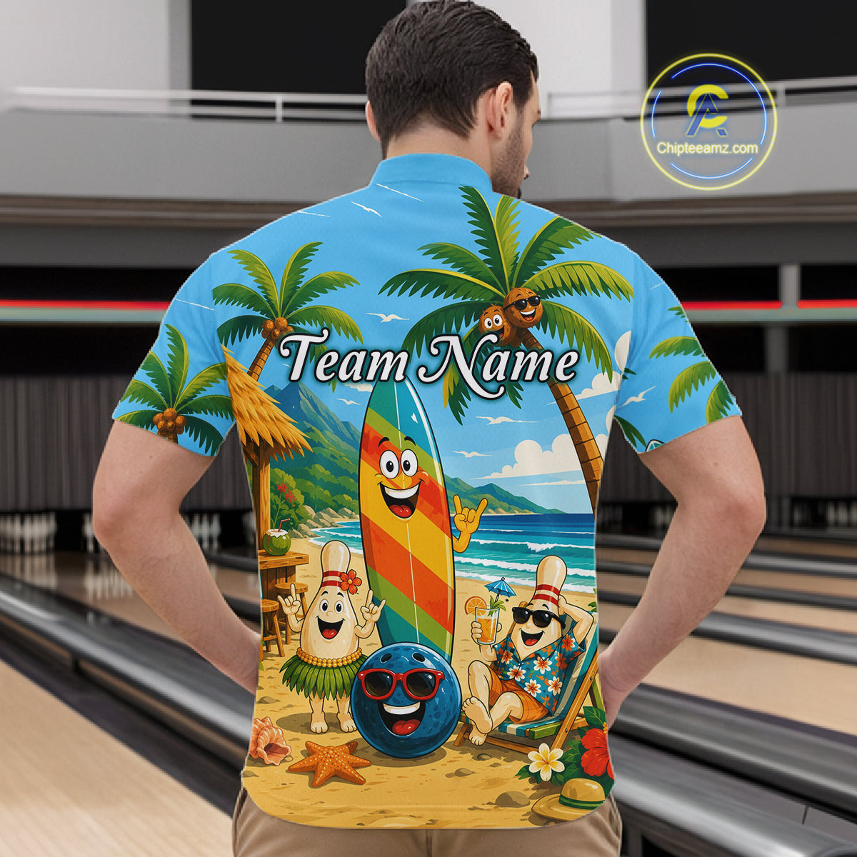Man wearing a colorful shirt with a beach-themed design and 'Team Name' text.