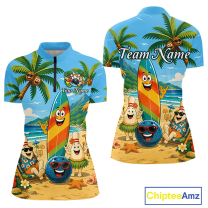 Front and back views of a sky blue bowling quarter zip with a tropical beach scene, smiling bowling ball and pins, colorful surfboard, palm trees, and personalized name and team name text.