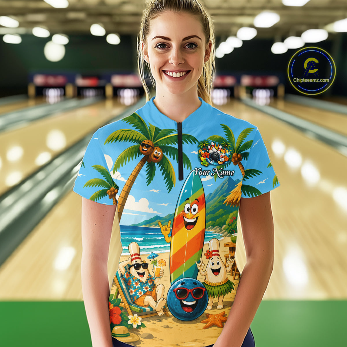 Woman wearing a sky blue bowling polo with a tropical beach scene, smiling bowling ball and pins, colorful surfboard, palm trees, and personalized name 