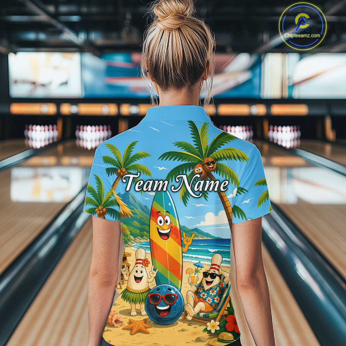 People wearing sky blue bowling polo with a tropical beach scene, smiling bowling ball and pins, colorful surfboard, palm trees, and personalized name 