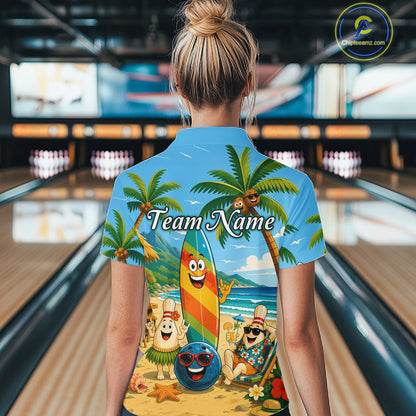 People wearing sky blue bowling polo with a tropical beach scene, smiling bowling ball and pins, colorful surfboard, palm trees, and personalized name 