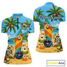 Load image into Gallery viewer, Front and back views of a sky blue bowling quarter zip with a tropical beach scene, smiling bowling ball and pins, colorful surfboard, palm trees, and personalized name and team name text.