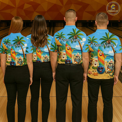 Four people wearing matching blue bowling shirts with a colorful design on a bowling alley.