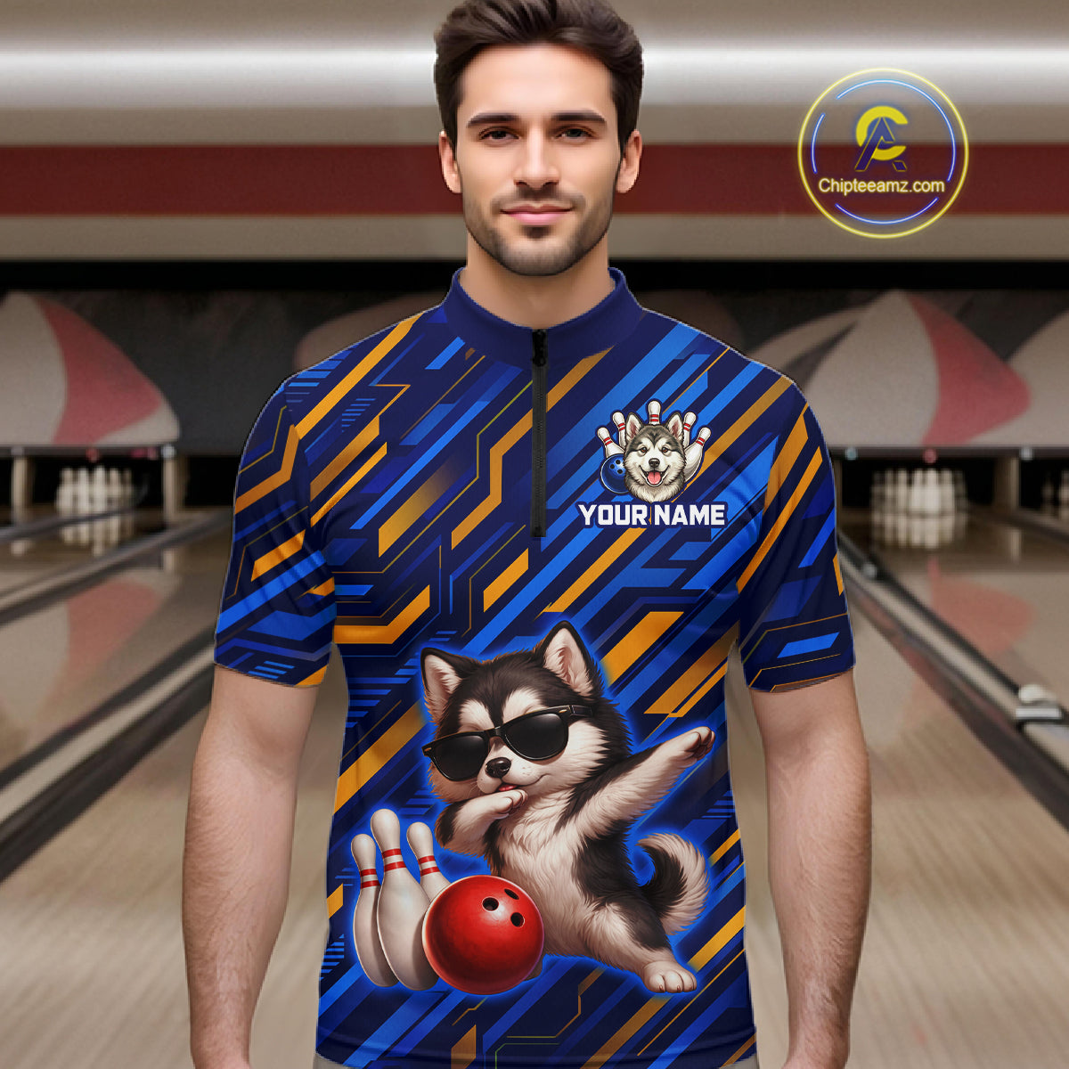 Custom Husky Dog Bowling Jersey for Men Bowling Uniform Polo & 1/4 Zip Bowling Team Shirts HNT263