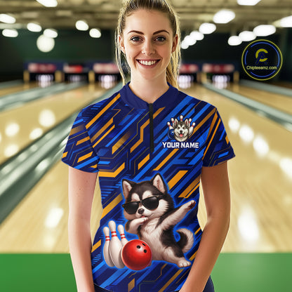 Custom Husky Dog Bowling Jersey for Women Bowling Uniform Polo & 1/4 Zip Bowling Team Shirts HNT263