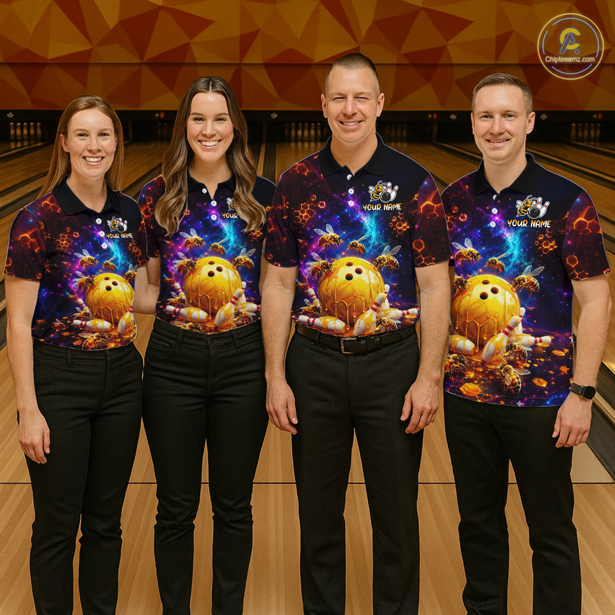 Four-person bowling team posing in matching dark cosmic shirts with honeycomb patterns, bees, dripping golden bowling balls, and custom name text.