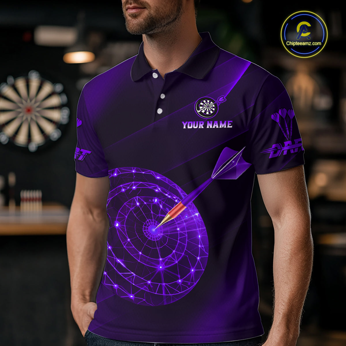 Custom Neon Purple Cyber Dartboard Darts Shirt for Men Darts Team Jerseys Polo & 1/4 Zip NNT132