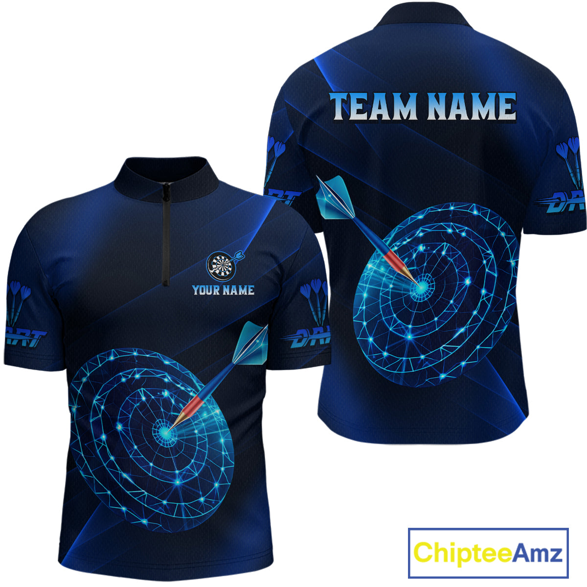 Custom Neon Blue Cyber Dartboard Darts Shirt for Men Darts Team Jerseys Polo & 1/4 Zip NNT132
