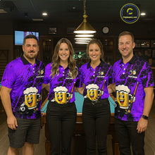 Load image into Gallery viewer, Four people wearing a bright purple billiards polo with black splatter graphics, custom “YOUR NAME” text, and a smiling beer mug mascot holding a pool cue.