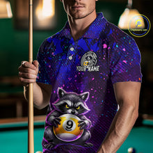 Load image into Gallery viewer, Person wearing a colorful polo shirt with a raccoon design holding a pool cue, set against a pool table background.