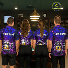 Load image into Gallery viewer, Four people wearing matching purple billiard shirts with raccoon and pool ball designs in a billiard alley.