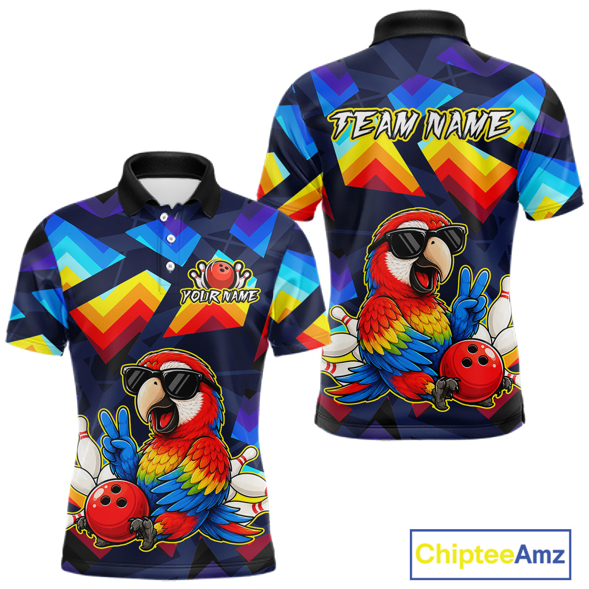 Front and back views of a short-sleeve polo shirt on a white background. The shirt features a dark blue geometric patterned base with a large colorful parrot graphic wearing sunglasses and making a peace sign, alongside bowling balls.
