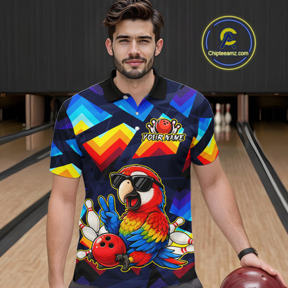 A man wearing a colorful bowling-themed short-sleeve polo shirt with a parrot graphic and 'YOUR NAME' text, standing in a bowling alley holding a bowling ball. A circular 'Chipleamz.