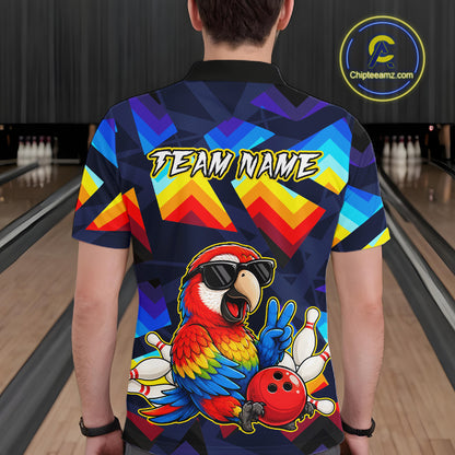 A person viewed from behind wearing a short-sleeve bowling-themed graphic shirt in a bowling alley. The shirt features a colorful parrot, bowling pins, a bowling ball, and the text 'TEAM NAME' on the back.