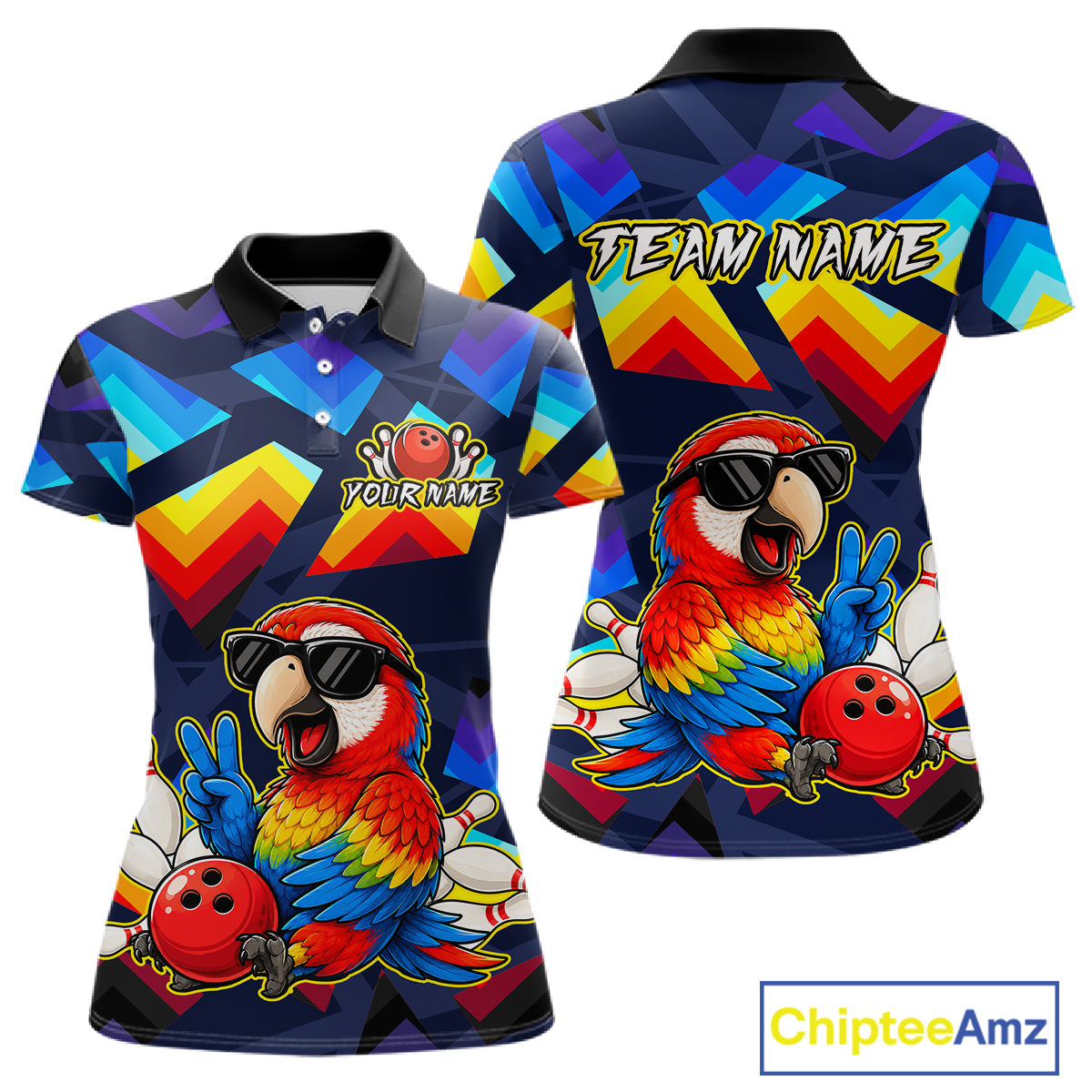 Front and back views of a short-sleeve polo shirt with a colorful geometric pattern and a large cartoon parrot graphic wearing sunglasses, on a white background. The shirt includes customizable text placeholders 'YOUR NAME' and 'TEAM NAME'.