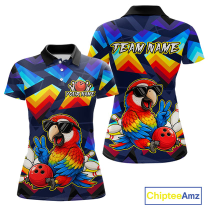 Front and back views of a short-sleeve polo shirt with a colorful geometric pattern and a large cartoon parrot graphic wearing sunglasses, on a white background. The shirt includes customizable text placeholders 'YOUR NAME' and 'TEAM NAME'.