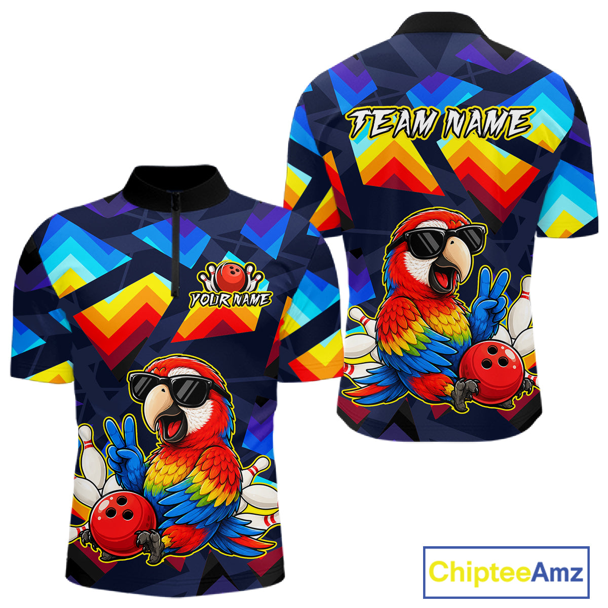 Custom short-sleeve zip-up athletic jersey shown from the front and back, featuring a colorful geometric pattern in blue, yellow, red, and orange on a dark navy base, with a cartoon parrot wearing sunglasses and holding a bowling ball, plus customizable text areas.