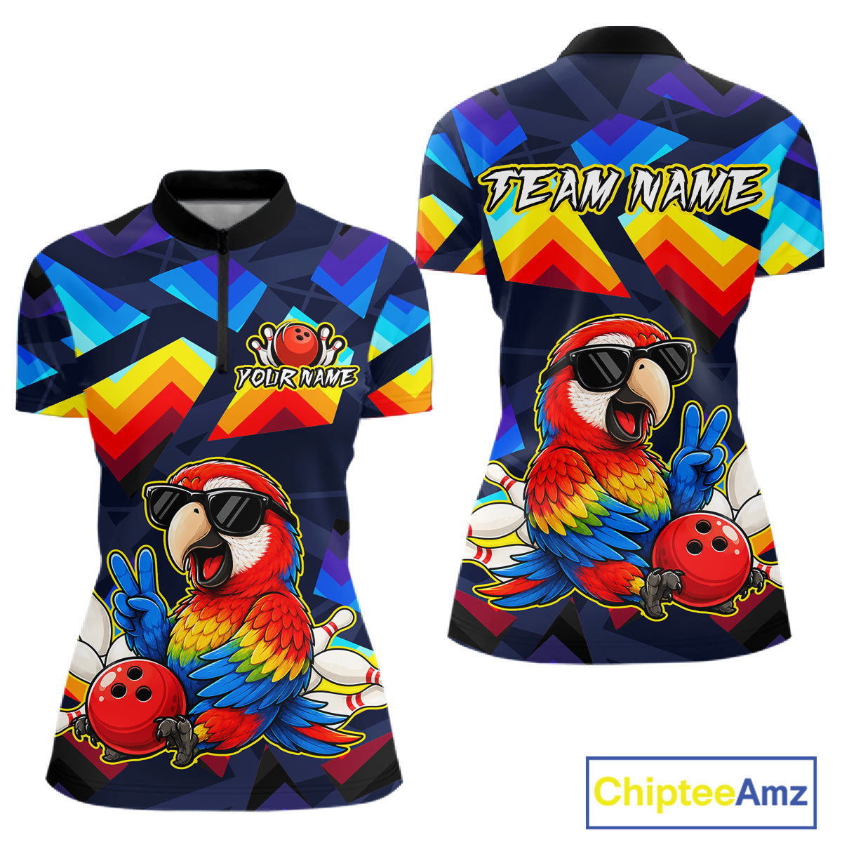 Front and back views of a short-sleeve women's polo shirt with a colorful geometric pattern and a large cartoon parrot graphic. The shirt includes customizable text areas reading 'YOUR NAME' on the chest and 'TEAM NAME' on the back.