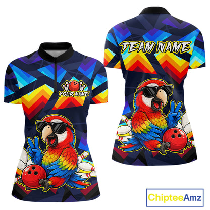 Front and back views of a short-sleeve women's polo shirt with a colorful geometric pattern and a large cartoon parrot graphic. The shirt includes customizable text areas reading 'YOUR NAME' on the chest and 'TEAM NAME' on the back.