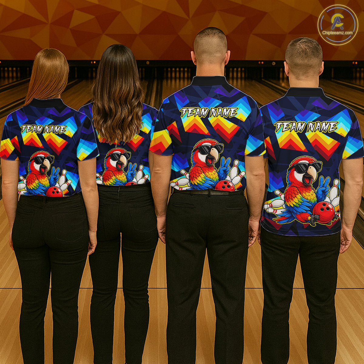 Four people standing with their backs to the camera in a bowling alley, wearing matching custom bowling shirts with a colorful parrot graphic and 'TEAM NAME' text. The shirts feature a blue, red, and yellow retro design.