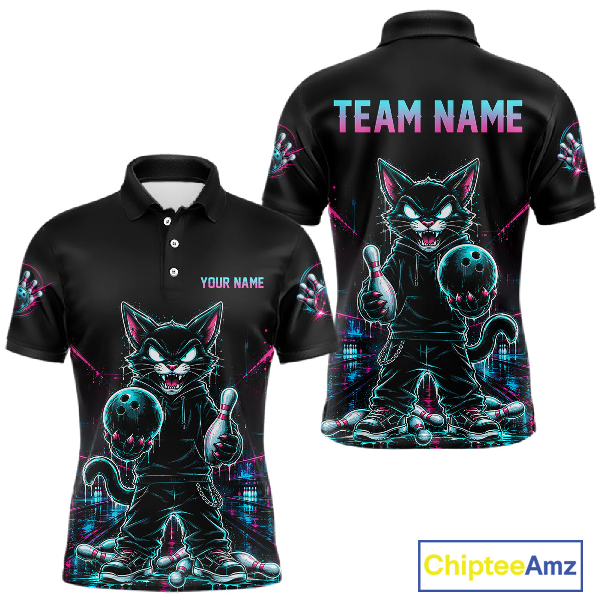 Black short-sleeve polo athletic jersey shown from front and back, featuring a neon-style cartoon cat holding bowling pins and balls, with customizable text placeholders 'YOUR NAME' and 'TEAM NAME'. A 'ChipteeAmz' logo appears in the bottom right corner.