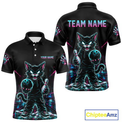 Black short-sleeve polo athletic jersey shown from front and back, featuring a neon-style cartoon cat holding bowling pins and balls, with customizable text placeholders 'YOUR NAME' and 'TEAM NAME'. A 'ChipteeAmz' logo appears in the bottom right corner.