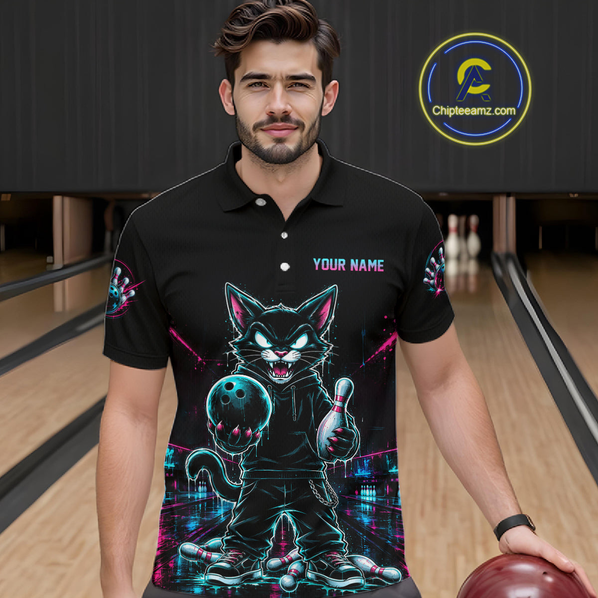 A man wearing a black short-sleeve bowling jersey with a neon cat graphic holding bowling balls and pins, set against a bowling alley background. The jersey features a mock zipper at the collar and customizable text on the chest.