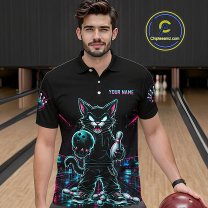 A man wearing a black short-sleeve bowling jersey with a neon cat graphic holding bowling balls and pins, set against a bowling alley background. The jersey features a mock zipper at the collar and customizable text on the chest.