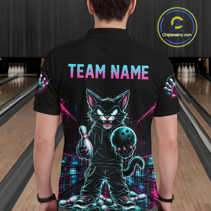 A person viewed from behind wearing a black short-sleeve bowling-themed shirt with a large neon cat graphic and the words 'TEAM NAME' across the upper back. The background shows bowling lanes, and a circular Chipteameinz.