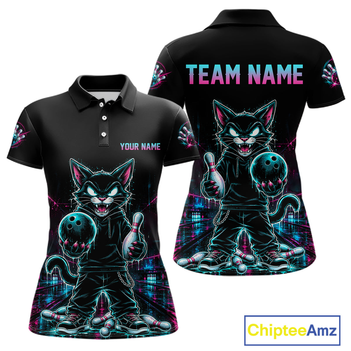 Black short-sleeve polo shirt shown from the front and back, featuring a neon-style graphic of a cartoon cat holding bowling balls, with customizable text areas reading 'TEAM NAME' on the back and 'YOUR NAME' on the front. A ChipteeAmz logo appears in the bottom right corner.