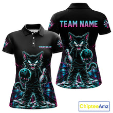Load image into Gallery viewer, Black short-sleeve polo shirt shown from the front and back, featuring a neon-style graphic of a cartoon cat holding bowling balls, with customizable text areas reading 'TEAM NAME' on the back and 'YOUR NAME' on the front. A ChipteeAmz logo appears in the bottom right corner.